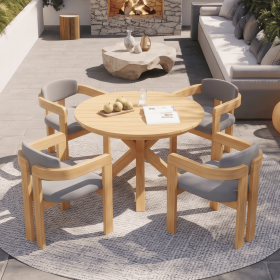 5-Piece Outdoor Acacia Wood Round Dining Set, Solid Wood Patio Table with 4 Barrel Chairs, Cushioned Seats & Backs, Modern Garden Conversation Se