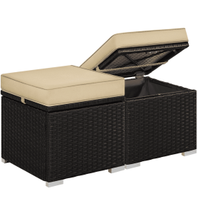 Wicker Patio Storage Ottomans with Cushions, Set of 2, Brown/Khaki