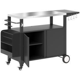 Outdoor Grill Cart Table with Stainless Steel Top, Movable Pizza Oven Table with Foldable Side Table, Wheels