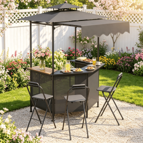 BBQ Gazebo Canopy with 4 Slatted Metal Shelves Outdoor Kitchen Island with 6 Hanging Hooks And 2-Row Glass Holders for Patio