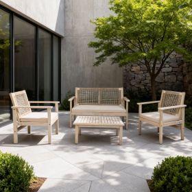 Direct Wicker 4-Piece Acacia Wood Patio Conversation Set with Cushions, Rope Woven Design Outdoor Furniture Set, Natural