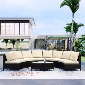 TOPMAX 5 Pieces All-Weather Brown PE Rattan Wicker Sofa Set Outdoor Patio Sectional Furniture Set Half-Moon Sofa Set with Tempered Glass Table, B