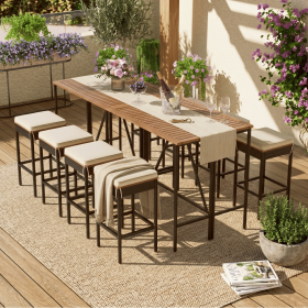 GO 10-Piece Outdoor Acacia Wood Bar Height Table And Eight Stools With Cushions, Garden PE Rattan Wicker Dining Table, Foldable Tabletop