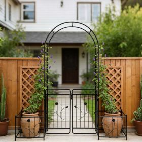 Metal Garden Arch with Gate 79.5'' Wide x 86.6'' High Climbing Plants Support Rose Arch Outdoor Black