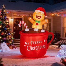6.5FT Lighted Christmas Inflatable Decoration, Inflatable Gingerbread Man in Cup