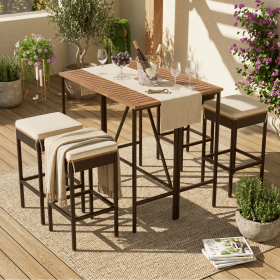 GO 5-Piece Outdoor Acacia Wood Bar Height Table And Four Stools With Cushions, Garden PE Rattan Wicker Dining Table, Foldable Tabletop
