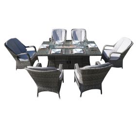 Direct Wicker 7-Piece Patio Wicker Gas Fire Pit Set Rectangular Table With Arm Chairs (Color: gray)